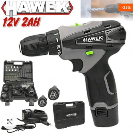 винтоверт двускоростен акумулаторен с вложки и удължение HAWEK 12v 2ah