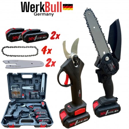2 в 1 Акумулаторна Лозарска Ножица и мини Трион за клони Безчеткова3 36V 8AH WERKBULL