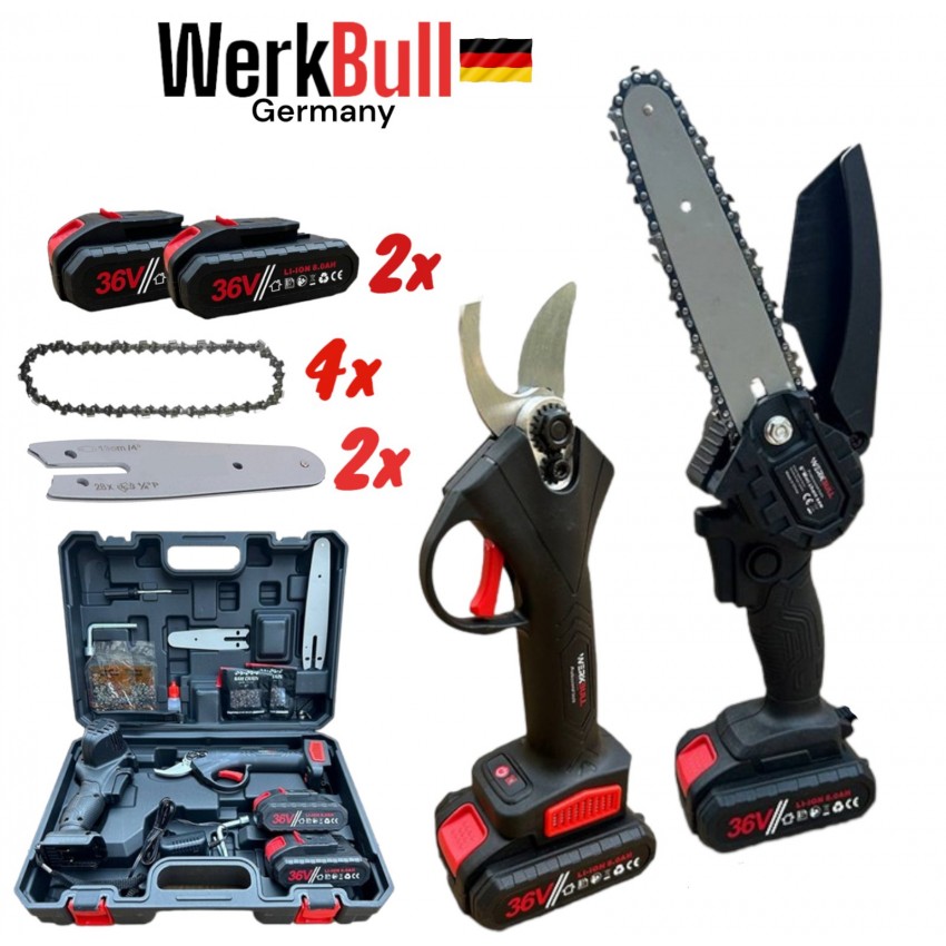 2 в 1 Акумулаторна Лозарска Ножица и мини Трион за клони Безчеткова3 36V 8AH WERKBULL 2 в 1 Акумулаторна Лозарска Ножица и мини Трион за клони Безчеткова3 36V 8AH WERKBULL