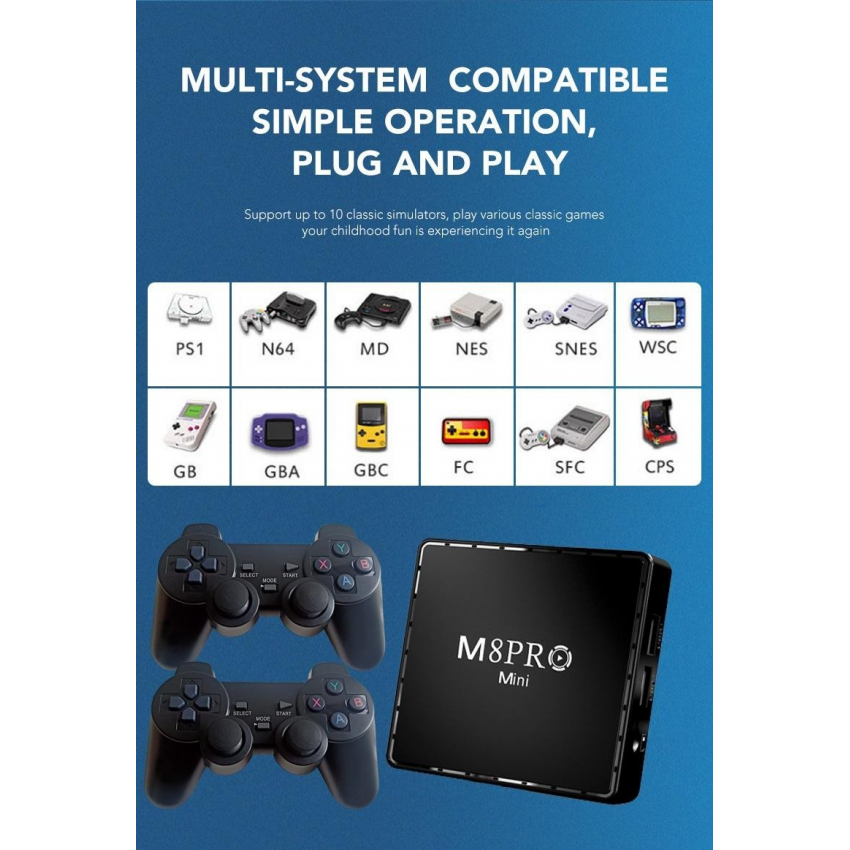 Конзола M8 Pro TV Game Box 4K HDMI 2.4G с Два Джойстика и дистанционно над 33 000 игри Конзола M8 Pro TV Game Box 4K HDMI 2.4G с Два Джойстика и дистанционно над 33 000 игри