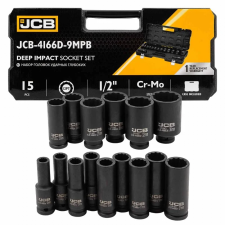 Дълбоки Ударни Вложки 1/2 12-стенни и 6-стенни 15 части 10-36мм JCB