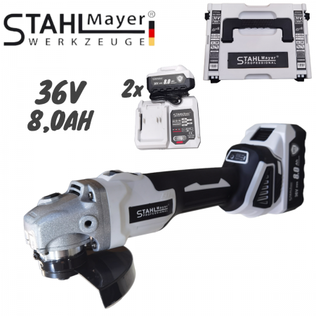 АКУМУЛАТОРЕН УДАРЕН ЪГЛОШЛАЙФ 36V 8,0AH STAHLMAYER 125ММ БЕЗЧЕТКОВ ШЛАЙФ БЕЗЖИЧЕН