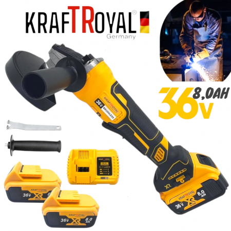 Акумулаторен ъглошлайф Kraft 36V 8,0 Ah + 2 батерии зарядно и куфар