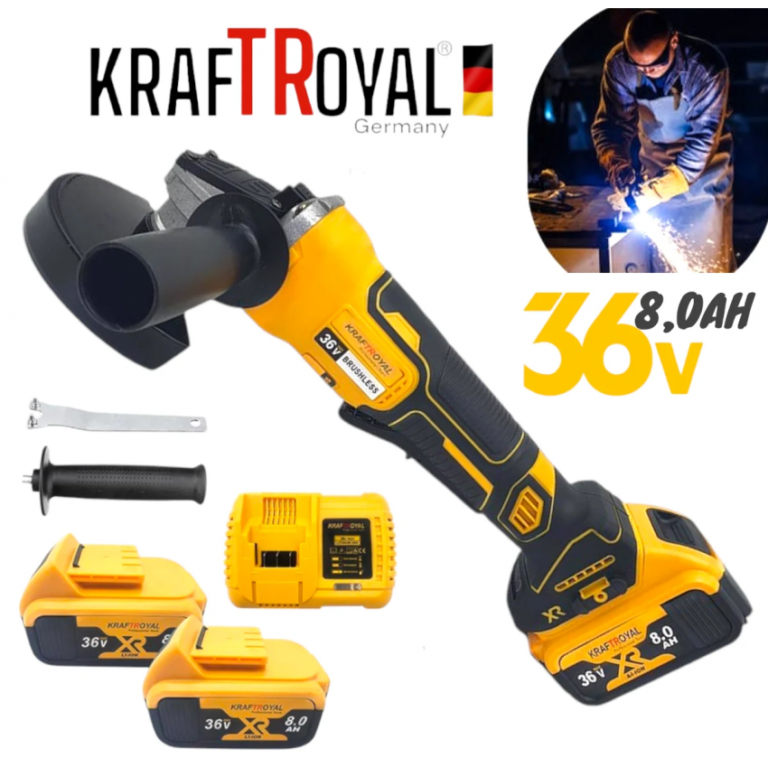 Акумулаторен ъглошлайф Kraft 36V 8,0 Ah + 2 батерии зарядно и куфар Акумулаторен ъглошлайф Kraft 36V 8,0 Ah + 2 батерии зарядно и куфар