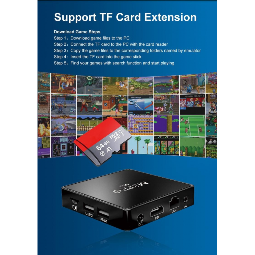Конзола M8 Pro TV Game Box 4K HDMI 2.4G с Два Джойстика и дистанционно над 33 000 игри Конзола M8 Pro TV Game Box 4K HDMI 2.4G с Два Джойстика и дистанционно над 33 000 игри