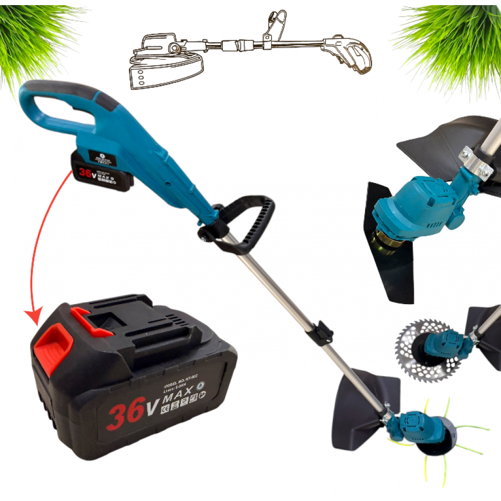 Акумулаторен Тример за Трева с Корда 36V 8,0AH с 2 батерии Професионален Храсторез Косачка за Храсти