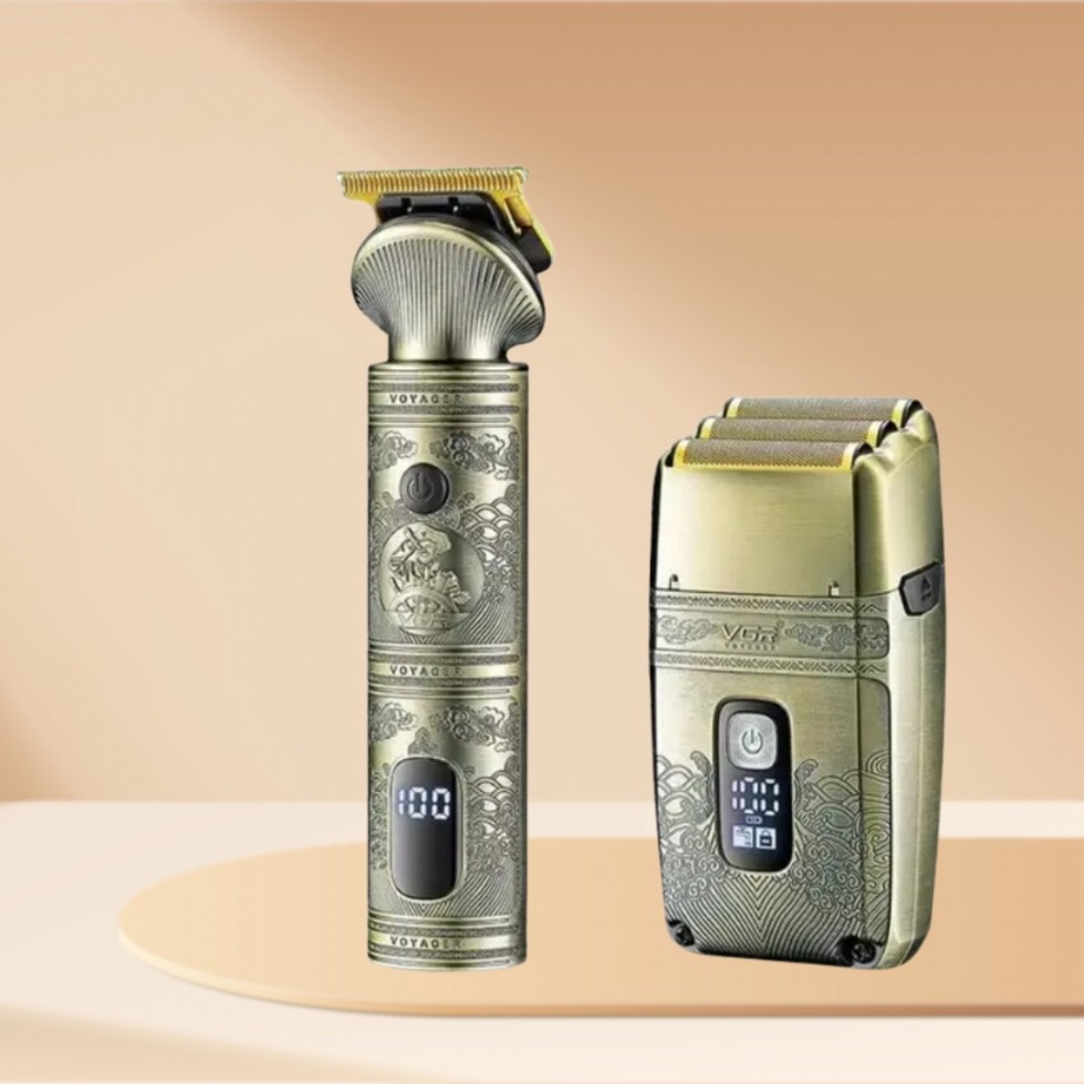 2в1 Професионален Комплект VGR V-649 Тример Машинка и Самобръсначка Шейвър Златен 4 Приставки Метален Корпус за Коса и Брада Бръснене