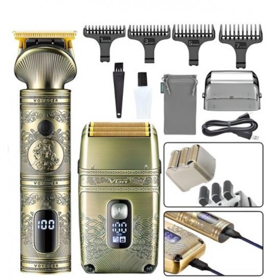 2в1 Професионален Комплект VGR V-649 Тример Машинка и Самобръсначка Шейвър Златен 4 Приставки Метален Корпус за Коса и Брада Бръснене