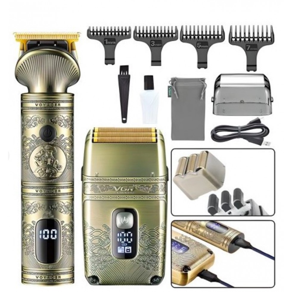 2в1 Професионален Комплект VGR V-649 Тример Машинка и Самобръсначка Шейвър Златен 4 Приставки Метален Корпус за Коса и Брада Бръснене