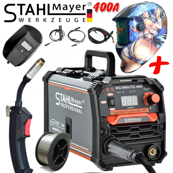 2в1 Инверторен Електрожен и Телоподаващ Заваръчен Апарат Машина MIG MAG MMA За Заваряване 400А STAHLMAYER PRO Телоподаващо + Подарък Соларна Маска Шлем