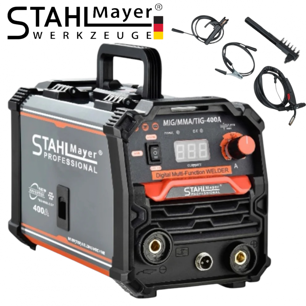 2в1 Инверторен Електрожен и Телоподаващ Заваръчен Апарат Машина MIG MAG MMA За Заваряване 400А STAHLMAYER PRO Телоподаващо + Подарък Соларна Маска Шлем