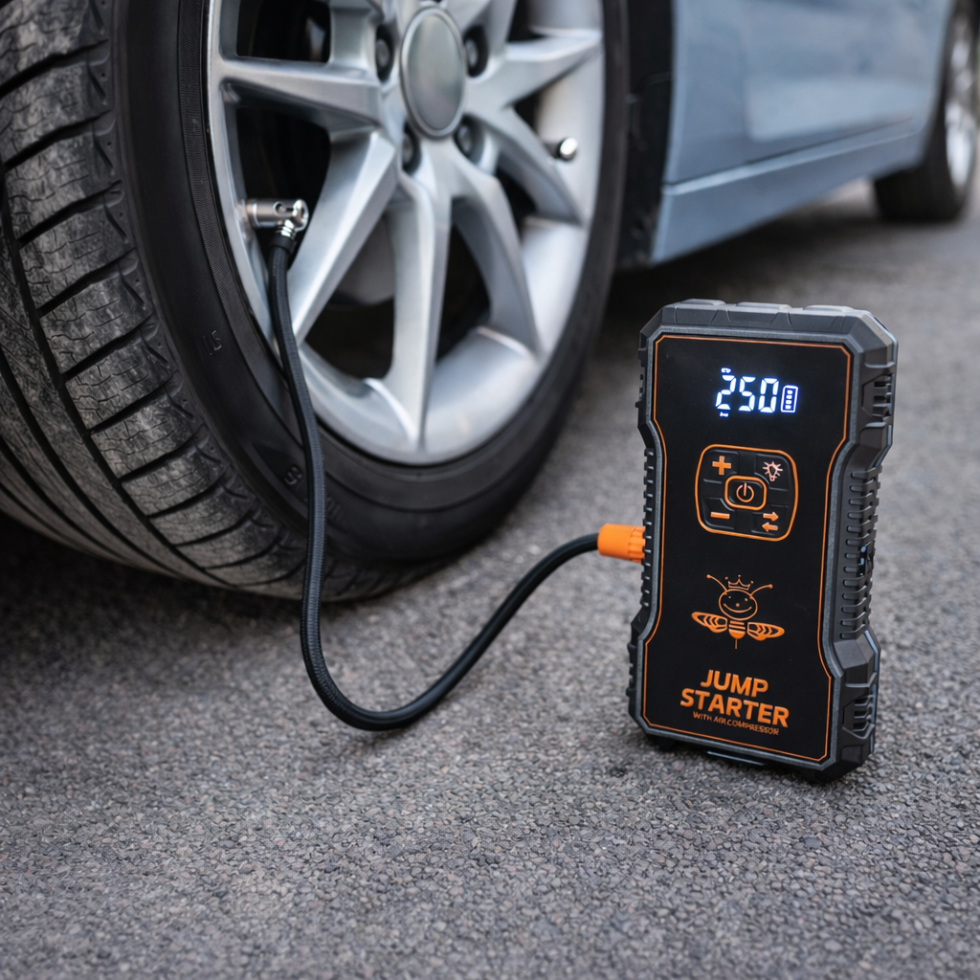 Голям Стартерен Бустер за Автомобил Външна Батерия POWER BANK 12V JUMP STARTER Стартер за Акумулатор Подаване на Ток 4в1 с Компресор и Фенер