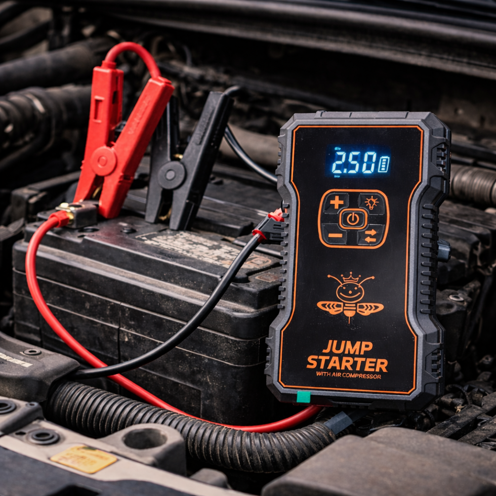 Голям Стартерен Бустер за Автомобил Външна Батерия POWER BANK 12V JUMP STARTER Стартер за Акумулатор Подаване на Ток 4в1 с Компресор и Фенер