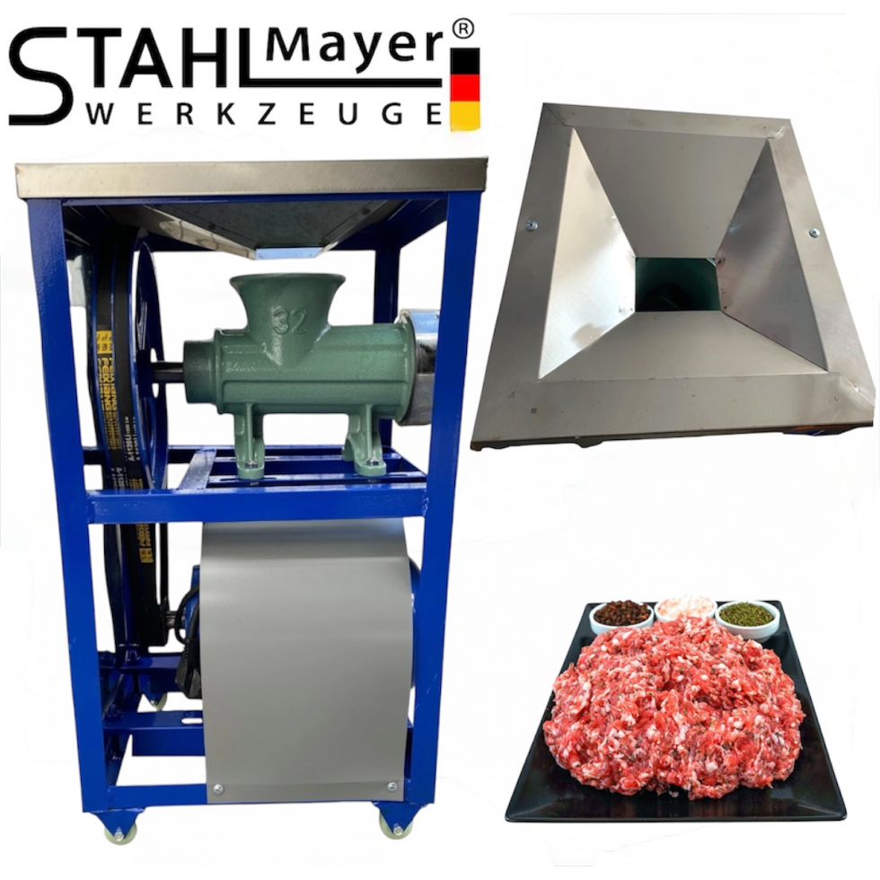 Професионална Чугунена Месомелачка Румънска №32 с Електромотор 1.5кв с двоен ремък плот от неръждавейка