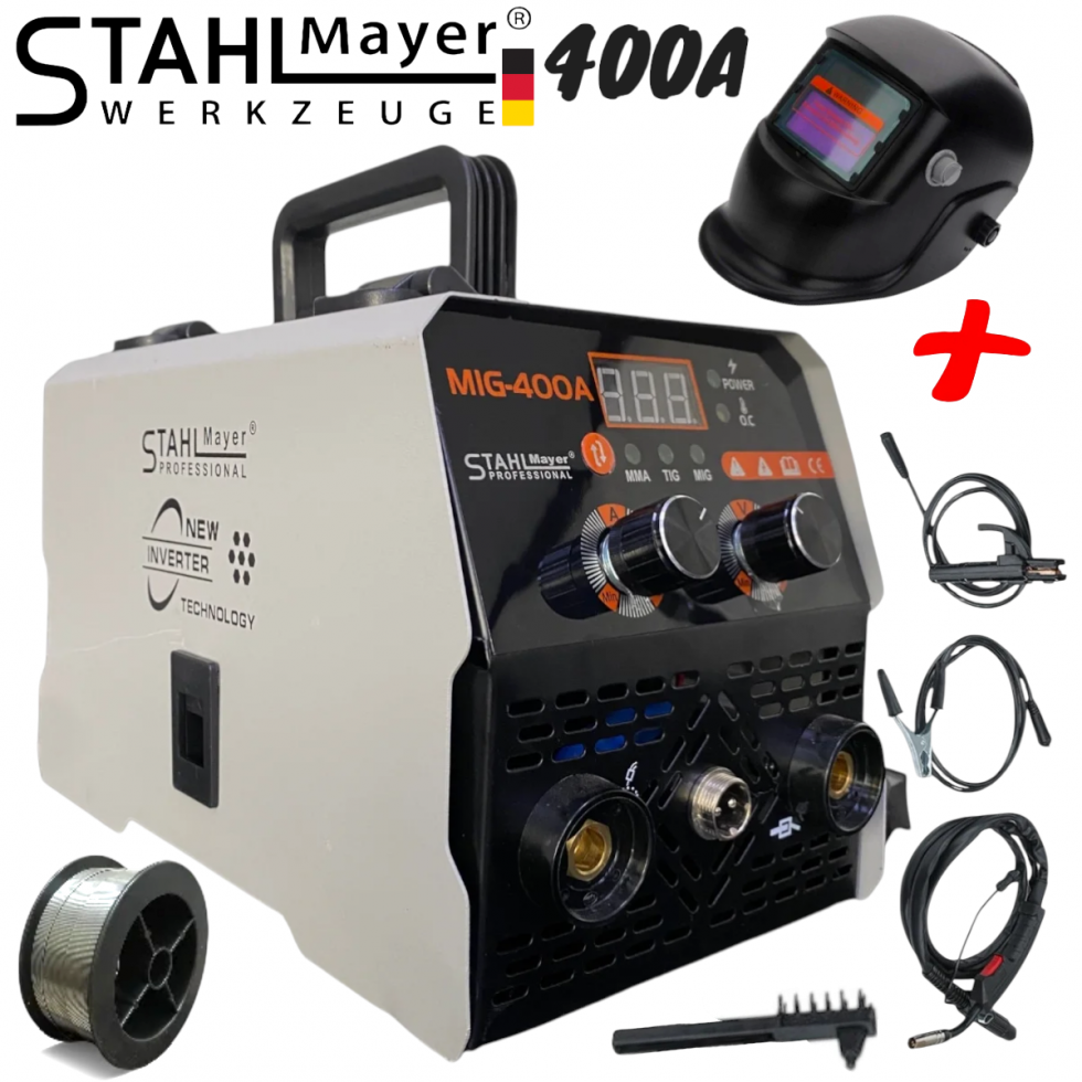 Телоподаващо Инверторен Електрожен 400А 2в1 Заваръчна Техника STAHLMAYER + Соларен Шлем Маска