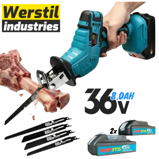 Мини Саблен Трион Акумулаторен 36V 8,0AH WERSTIL Безжичен Прав Трион за Месо Кости Метал Дърво Пластмаса Желязо с 4 Ножа 2 Батерии