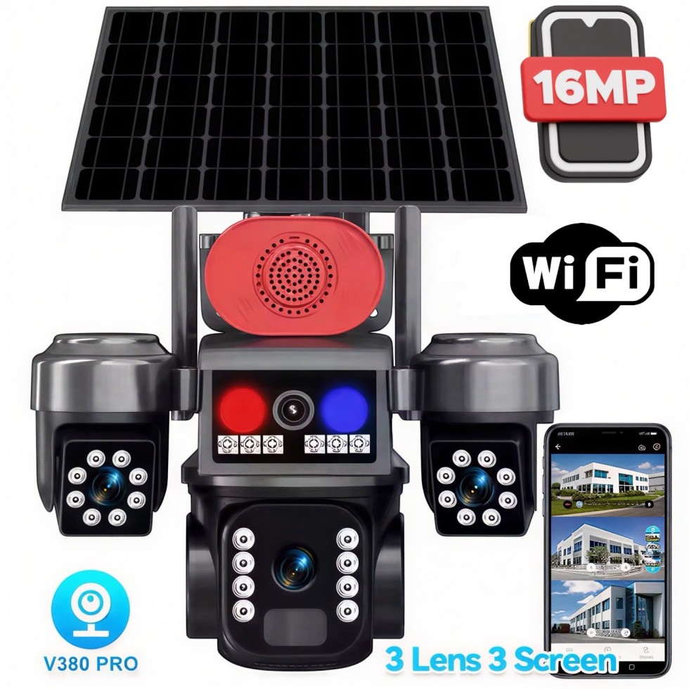 Соларна Камера Охранителна SUNVISION 16 MP 3 Обектива Аларма Wi-Fi Модел 28-80 Видеонаблюдение