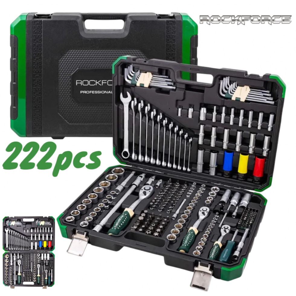 Гедоре Професионално 222 части 1/4″ 3/8″ 1/2″ ROCKFORCE Комплект Инструменти в Куфар