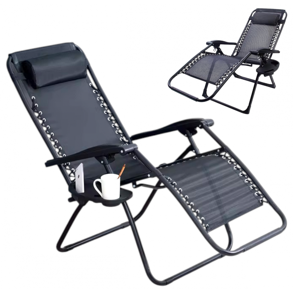 Стол Тип Шезлонг Сгъваем Къмпинг с Поставка за Чаша и Телефон