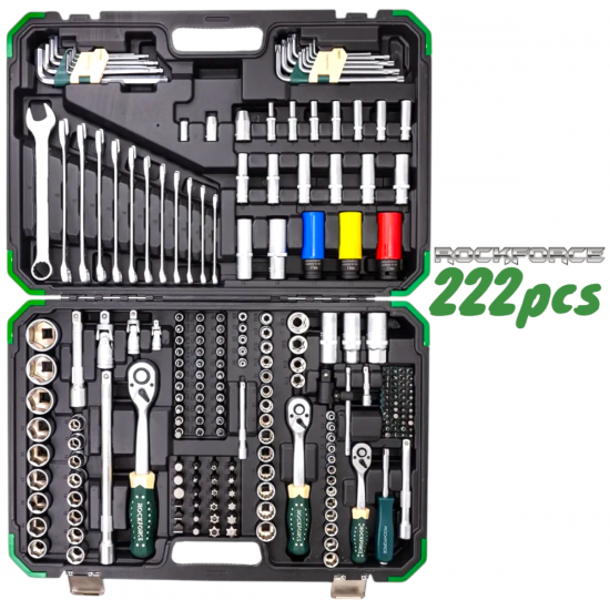 Гедоре Професионално 222 части 1/4″ 3/8″ 1/2″ ROCKFORCE Комплект Инструменти в Куфар