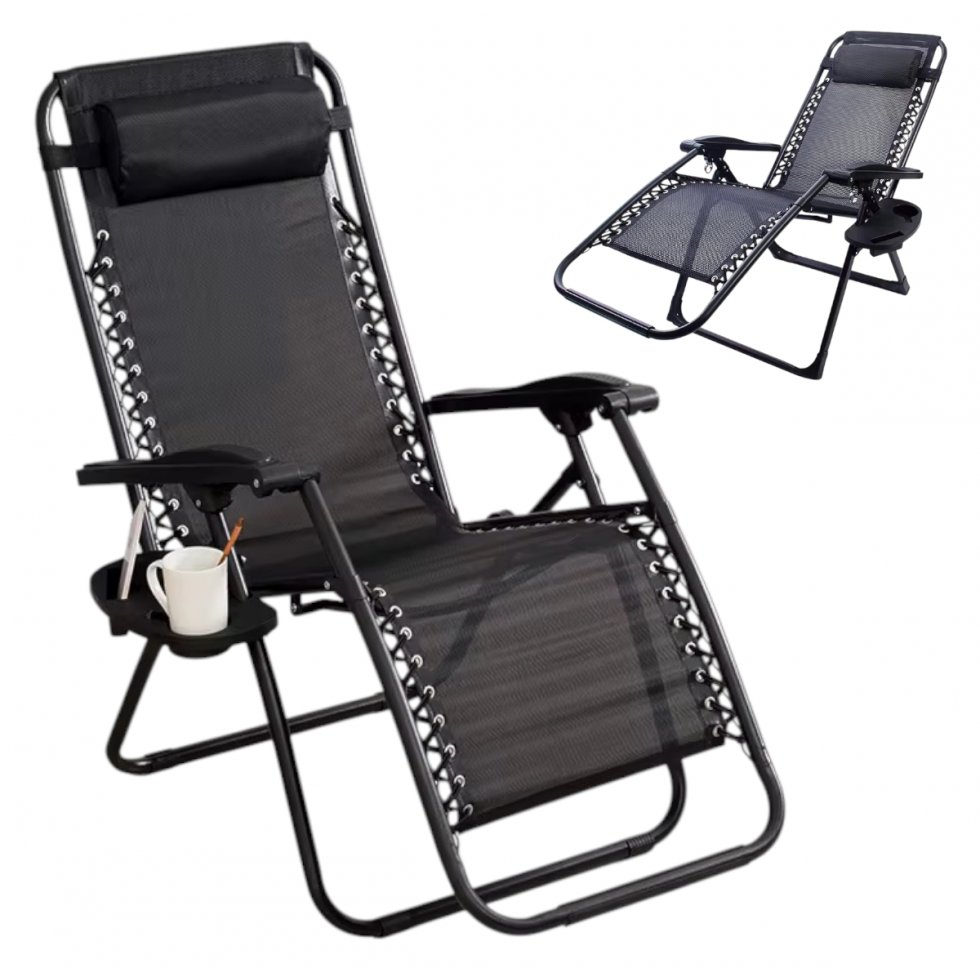 Стол Тип Шезлонг Сгъваем Къмпинг с Поставка за Чаша и Телефон