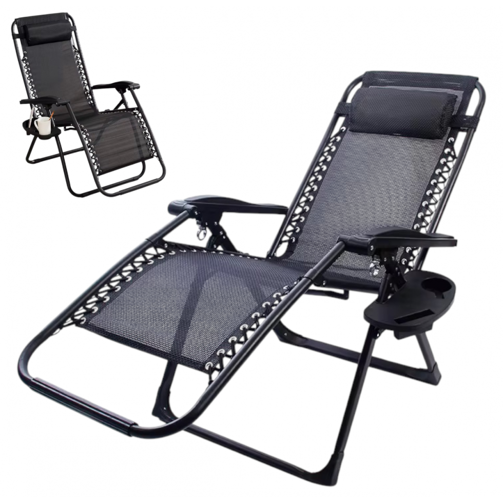 Стол Тип Шезлонг Сгъваем Къмпинг с Поставка за Чаша и Телефон