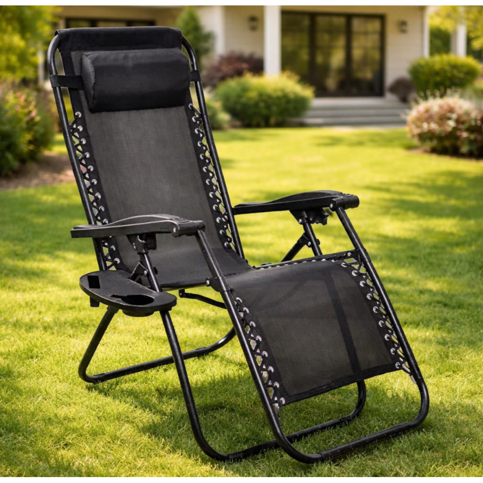 Стол Тип Шезлонг Сгъваем Къмпинг с Поставка за Чаша и Телефон