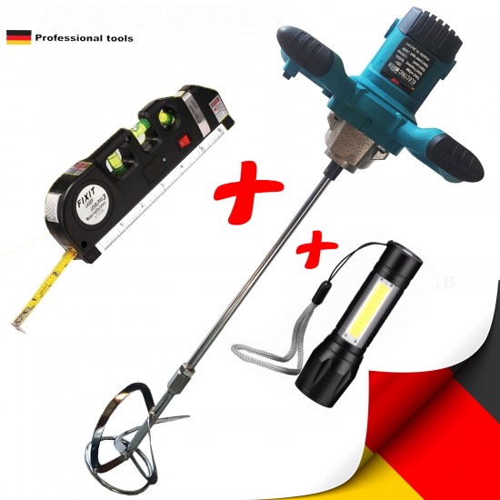 Строителен Миксер 2400W бъркалка за бетон + лазарен невелир с ролетка + USB фенер Строителен Миксер 2400W бъркалка за бетон + лазарен невелир с ролетка + USB фенер