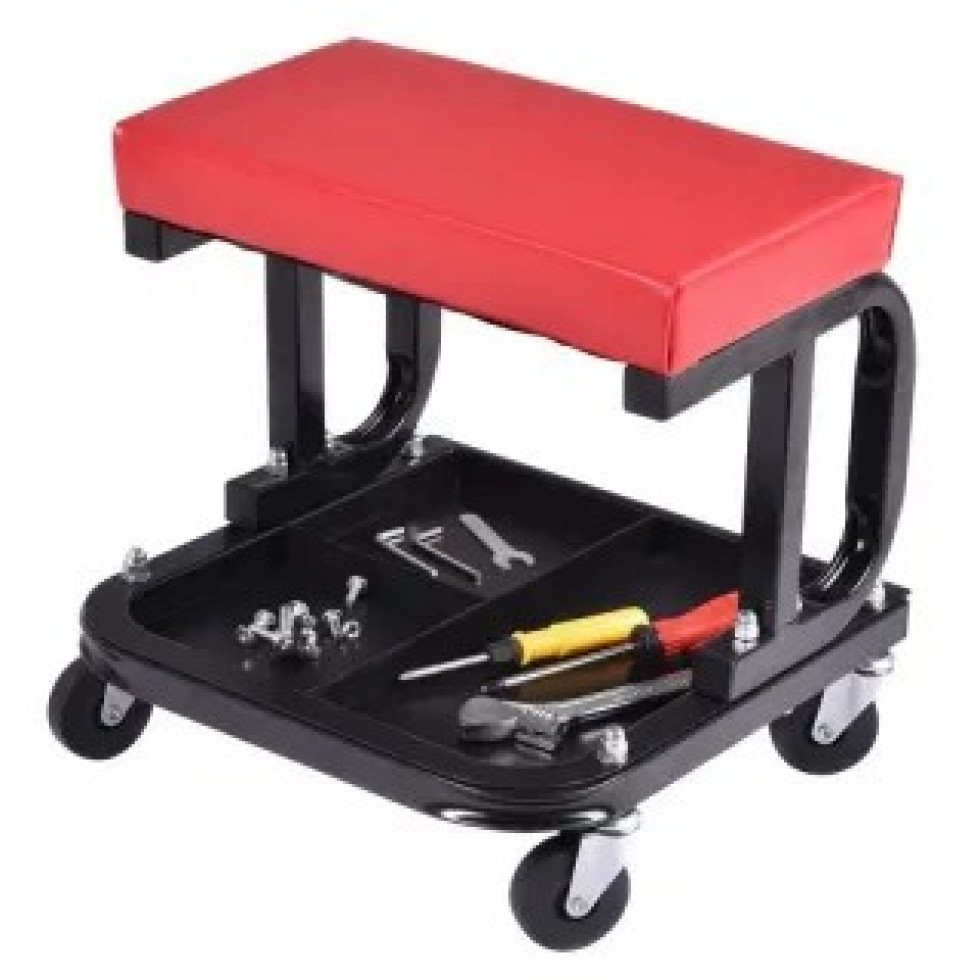 Работен стол с рафт за инструменти подвижен стол за автосервиз до 150кг Работен стол с рафт за инструменти подвижен стол за автосервиз до 150кг
