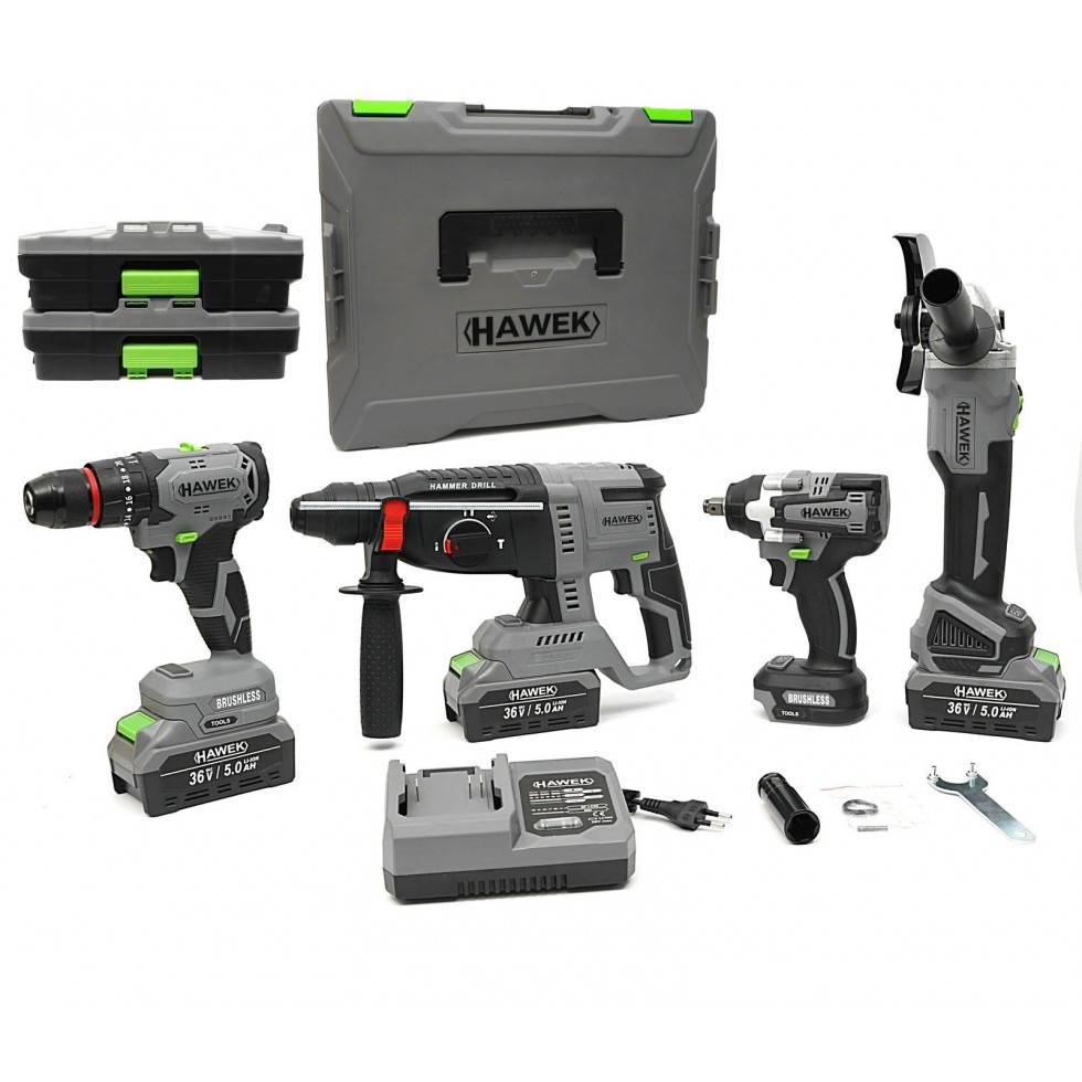 Акумулаторен Перфоратор Ъглошлайф 125мм Комбиниран Гайковерт/Импакт и Винтоверт 36V Батерии в Куфар HAWEK 3 Батерии 4в1 Акумулаторен Перфоратор Ъглошлайф 125мм Комбиниран Гайковерт/Импакт и Винтоверт 36V Батерии в Куфар HAWEK 3 Батерии 4в1