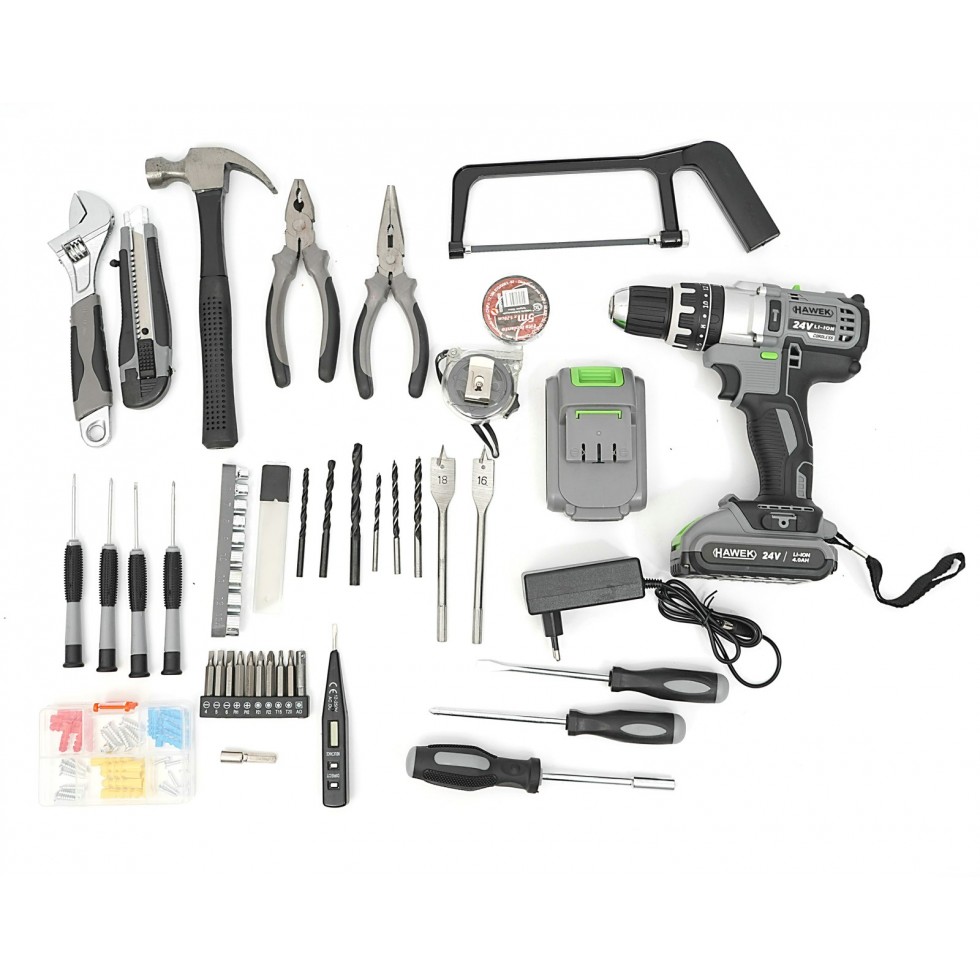 Акумулаторен Ударен Винтоверт 24V HAWEK Полша + 111 части Инструменти Акумулаторен Ударен Винтоверт 24V HAWEK Полша + 111 части Инструменти