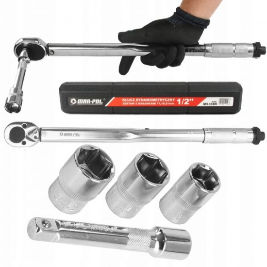 Полски Динамометричен Ключ 1/2″ 28 – 210 NM Вложки 17, 19, 21мм + Удължител Полски Динамометричен Ключ 1/2″ 28 – 210 NM Вложки 17, 19, 21мм + Удължител