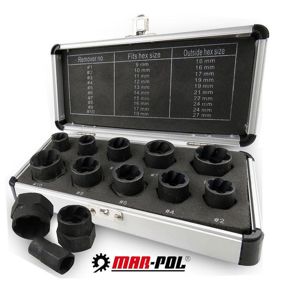 Вложки 10 части Екстрактор за Повредени Развалени Гайки Mar Pol Вложки 10 части Екстрактор за Повредени Развалени Гайки Mar Pol