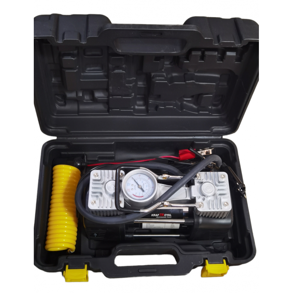 Компресор Двубутален за Помпане на Гуми с Led Фенер Маркуч за въздух Филитили и накрайници Комплект Пътна Помощ KRAFTROYAL Компресор Двубутален за Помпане на Гуми с Led Фенер Маркуч за въздух Филитили и накрайници Комплект Пътна Помощ KRAFTROYAL