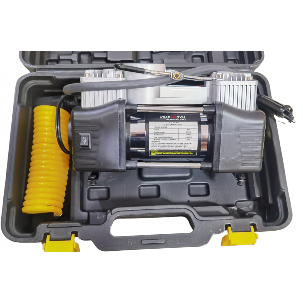 Компресор Двубутален за Помпане на Гуми с Led Фенер Маркуч за въздух Филитили и накрайници Комплект Пътна Помощ KRAFTROYAL Компресор Двубутален за Помпане на Гуми с Led Фенер Маркуч за въздух Филитили и накрайници Комплект Пътна Помощ KRAFTROYAL