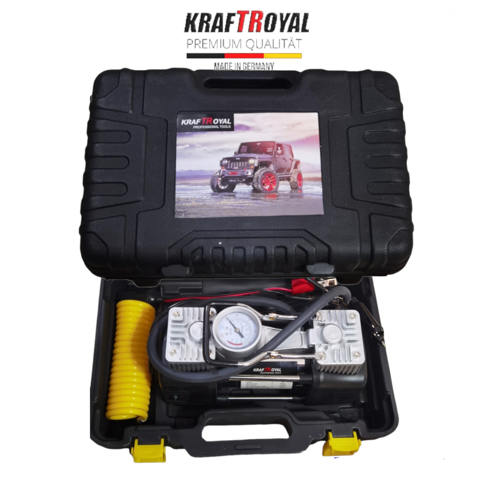Компресор Двубутален за Помпане на Гуми с Led Фенер Маркуч за въздух Филитили и накрайници Комплект Пътна Помощ KRAFTROYAL Компресор Двубутален за Помпане на Гуми с Led Фенер Маркуч за въздух Филитили и накрайници Комплект Пътна Помощ KRAFTROYAL