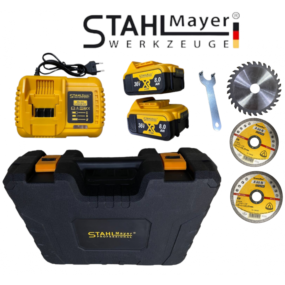 Акумулаторен Ъглошлайф 36V 8,0AH 125mm с ПОДАРЪК 3 броя диск за дърво Акумулаторен Ъглошлайф 36V 8,0AH 125mm с ПОДАРЪК 3 броя диск за дърво