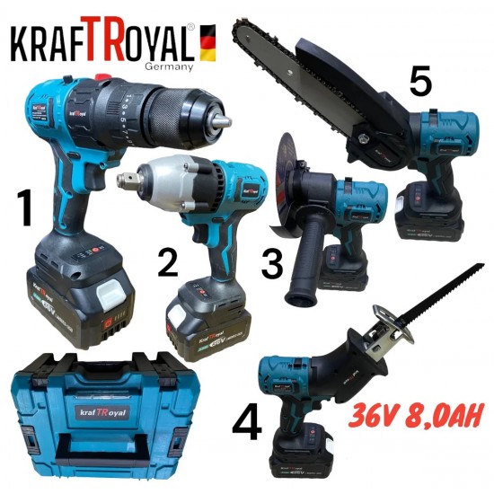 5в1 Мултифункционален Акумулаторен Инструмент 5 Глави 36V 8,0AH KRAFT ROYAL Винтоверт Гайковерт Саблен Трион Резачка за Клони и Ъглошлайф