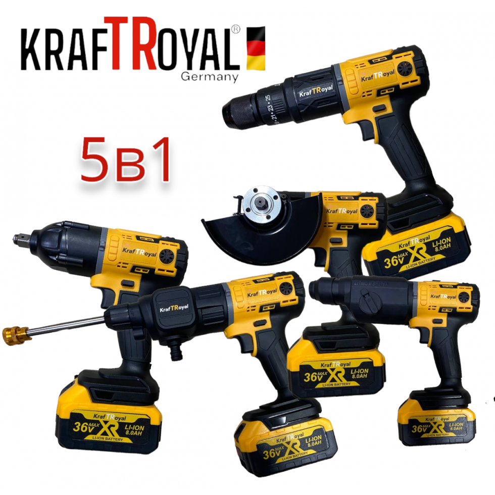 5в1 Мултифункционален Инструмент 5 Приставки Сменяеми KRAFTROYAL 36V Водоструйка Винтоверт Гайковерт-Импакт Перфоратор и Ъглошлайф Акумулаторен 2х Батерии 5в1 Мултифункционален Инструмент 5 Приставки Сменяеми KRAFTROYAL 36V Водоструйка Винтоверт Гайковерт-Импакт Перфоратор и Ъглошлайф Акумулаторен 2х Батерии