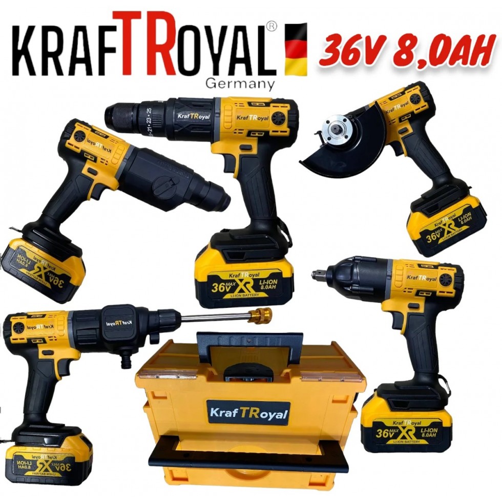 5в1 Мултифункционален Инструмент 5 Приставки Сменяеми KRAFTROYAL 36V Водоструйка Винтоверт Гайковерт-Импакт Перфоратор и Ъглошлайф Акумулаторен 2х Батерии 5в1 Мултифункционален Инструмент 5 Приставки Сменяеми KRAFTROYAL 36V Водоструйка Винтоверт Гайковерт-Импакт Перфоратор и Ъглошлайф Акумулаторен 2х Батерии