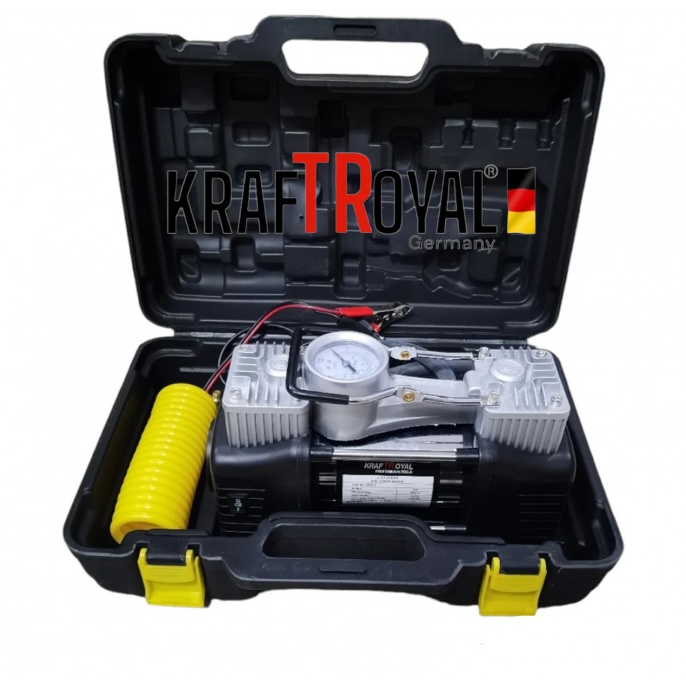 Компресор Двубутален за Помпане на Гуми с Led Фенер Маркуч за въздух Филитили и накрайници Комплект Пътна Помощ KRAFTROYAL Компресор Двубутален за Помпане на Гуми с Led Фенер Маркуч за въздух Филитили и накрайници Комплект Пътна Помощ KRAFTROYAL