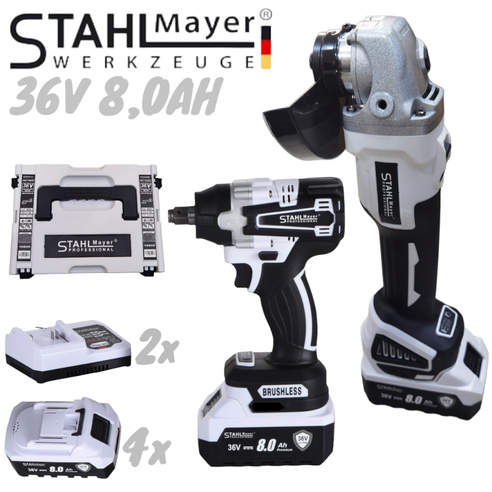 ПРОМО КОМПЛЕКТ Акумулаторен Ъглошлайф 125мм и Безжичен Гайковерт-Винтоверт Безчетков Ударен 36V 8,0AH STAHLMAYER 4x Батерия 2 Зарядно в Куфар Ракета ПРОМО КОМПЛЕКТ Акумулаторен Ъглошлайф 125мм и Безжичен Гайковерт-Винтоверт Безчетков Ударен 36V 8,0AH STAHLMAYER 4x Батерия 2 Зарядно в Куфар Ракета