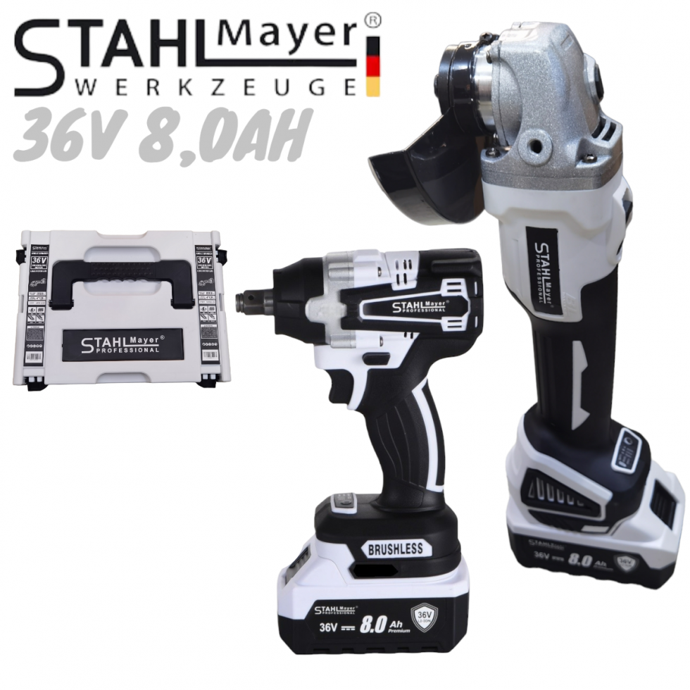 2в1 Акумулаторна Ъглошлайф 125мм и Акумулаторен Ударен Гайковерт (Импакт) Безчетков 36V 8,0AH STAHLMAYER 2 Батерии 2в1 Акумулаторна Ъглошлайф 125мм и Акумулаторен Ударен Гайковерт (Импакт) Безчетков 36V 8,0AH STAHLMAYER 2 Батерии
