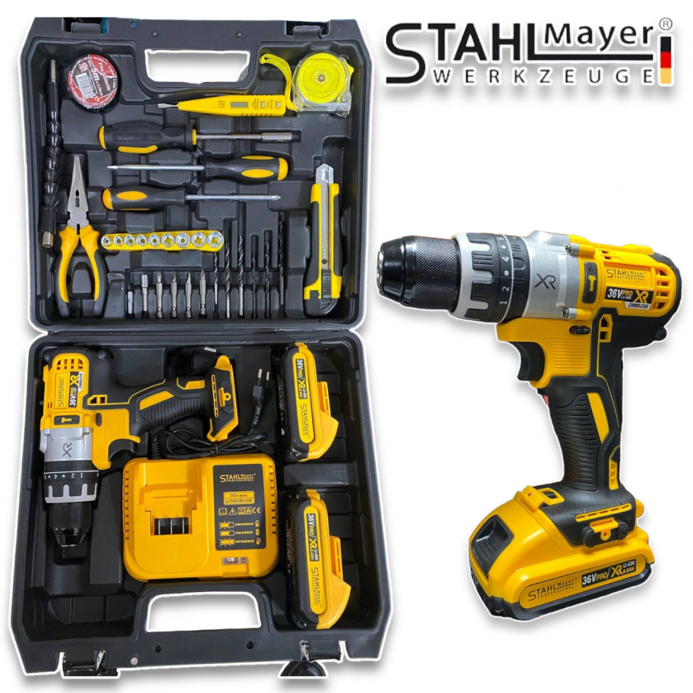 Акумулаторен Безчетков Ударен Винтоверт STAHL MAYER 36V 8AH + 40 части инструменти Акумулаторен Безчетков Ударен Винтоверт STAHL MAYER 36V 8AH + 40 части инструменти