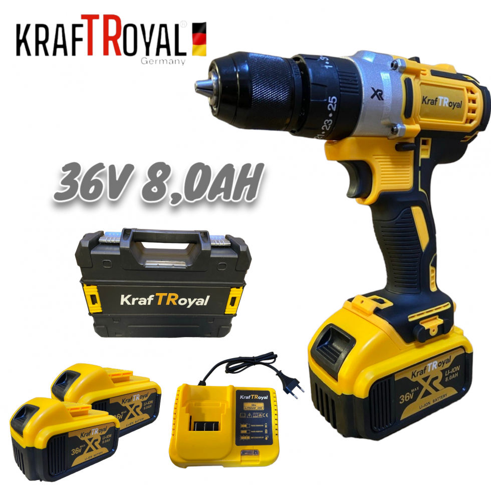 Безчетков Ударен Винтоверт 36V 8,0AH Акумулаторна Бормашина Безжична KRAFTROYAL Безчетков Ударен Винтоверт 36V 8,0AH Акумулаторна Бормашина Безжична KRAFTROYAL