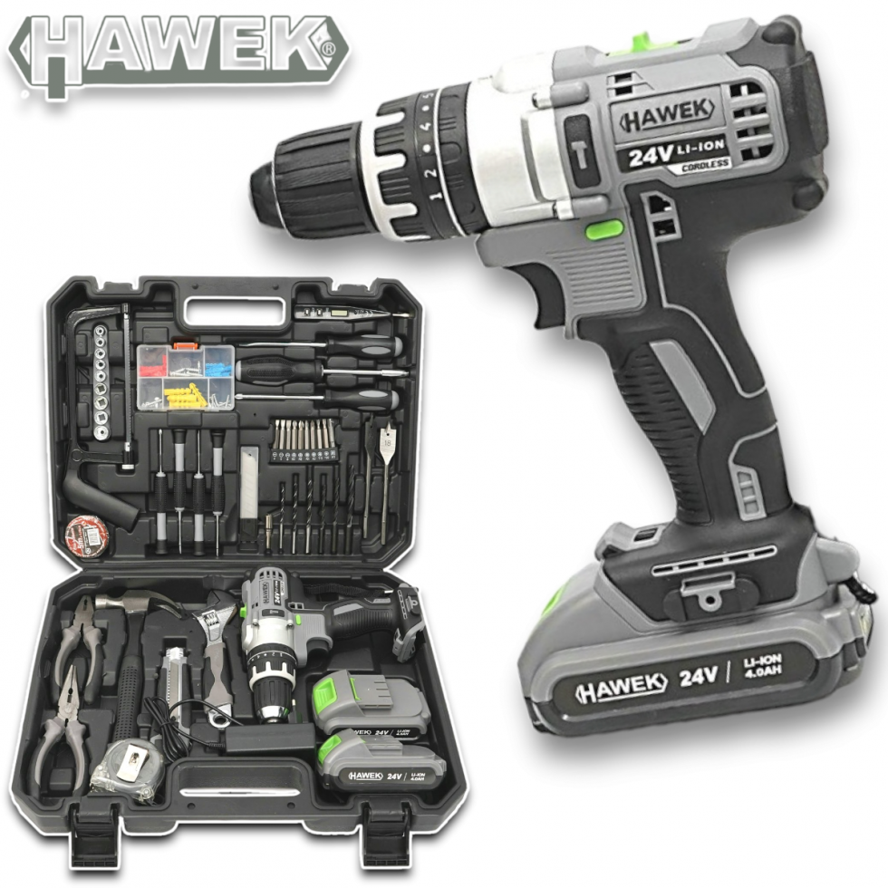 Акумулаторен Ударен Винтоверт 24V HAWEK Полша + 111 части Инструменти Акумулаторен Ударен Винтоверт 24V HAWEK Полша + 111 части Инструменти