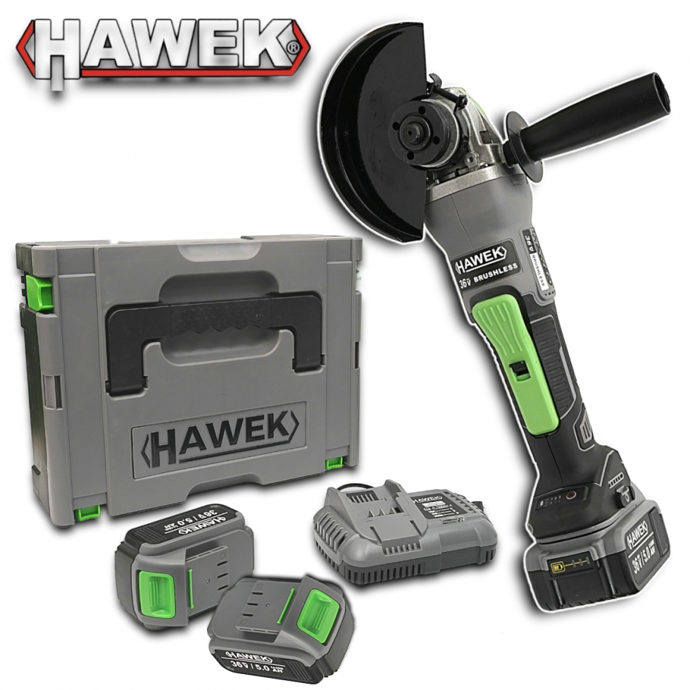 Акумулаторен Безчетков Ъглошлайф 125mm 36V - флекс с 2 батерии HAWEK Полша Акумулаторен Безчетков Ъглошлайф 125mm 36V - флекс с 2 батерии HAWEK Полша