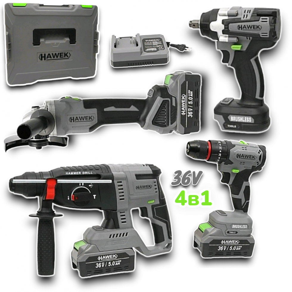 Акумулаторен Перфоратор Ъглошлайф 125мм Комбиниран Гайковерт/Импакт и Винтоверт 36V Батерии в Куфар HAWEK 3 Батерии 4в1 Акумулаторен Перфоратор Ъглошлайф 125мм Комбиниран Гайковерт/Импакт и Винтоверт 36V Батерии в Куфар HAWEK 3 Батерии 4в1