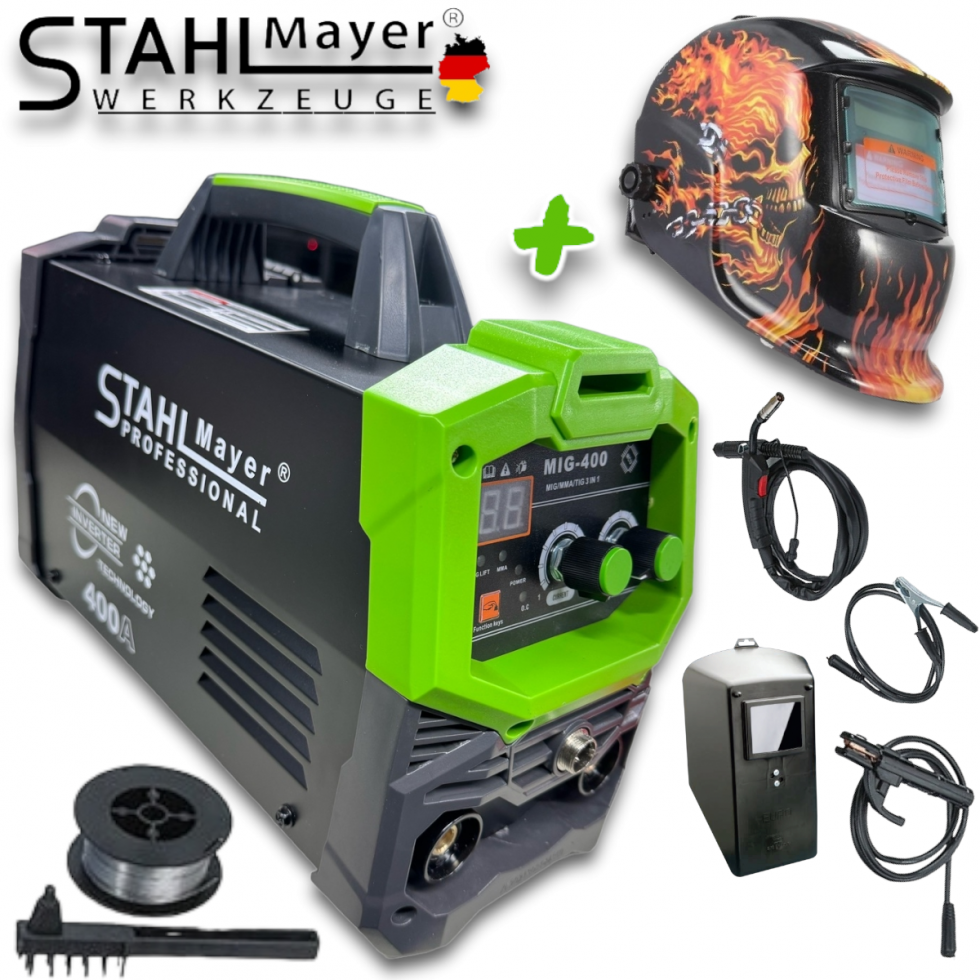 2в1 Електрожен с Телоподаващо 400А + Соларен Шлем Маска STAHLMAYER с Ролка модел: 2024