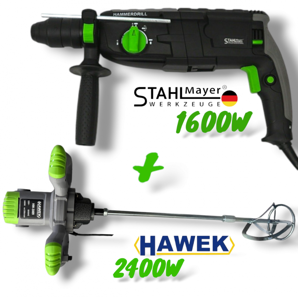 Пробивна Бормашина Перфоратор STAHLMAYER 1600W + Бъркалка за Бетон 2400W HAWEK Строителен Миксер за Цимент Лепило и Др Пробивна Бормашина Перфоратор STAHLMAYER 1600W + Бъркалка за Бетон 2400W HAWEK Строителен Миксер за Цимент Лепило и Др